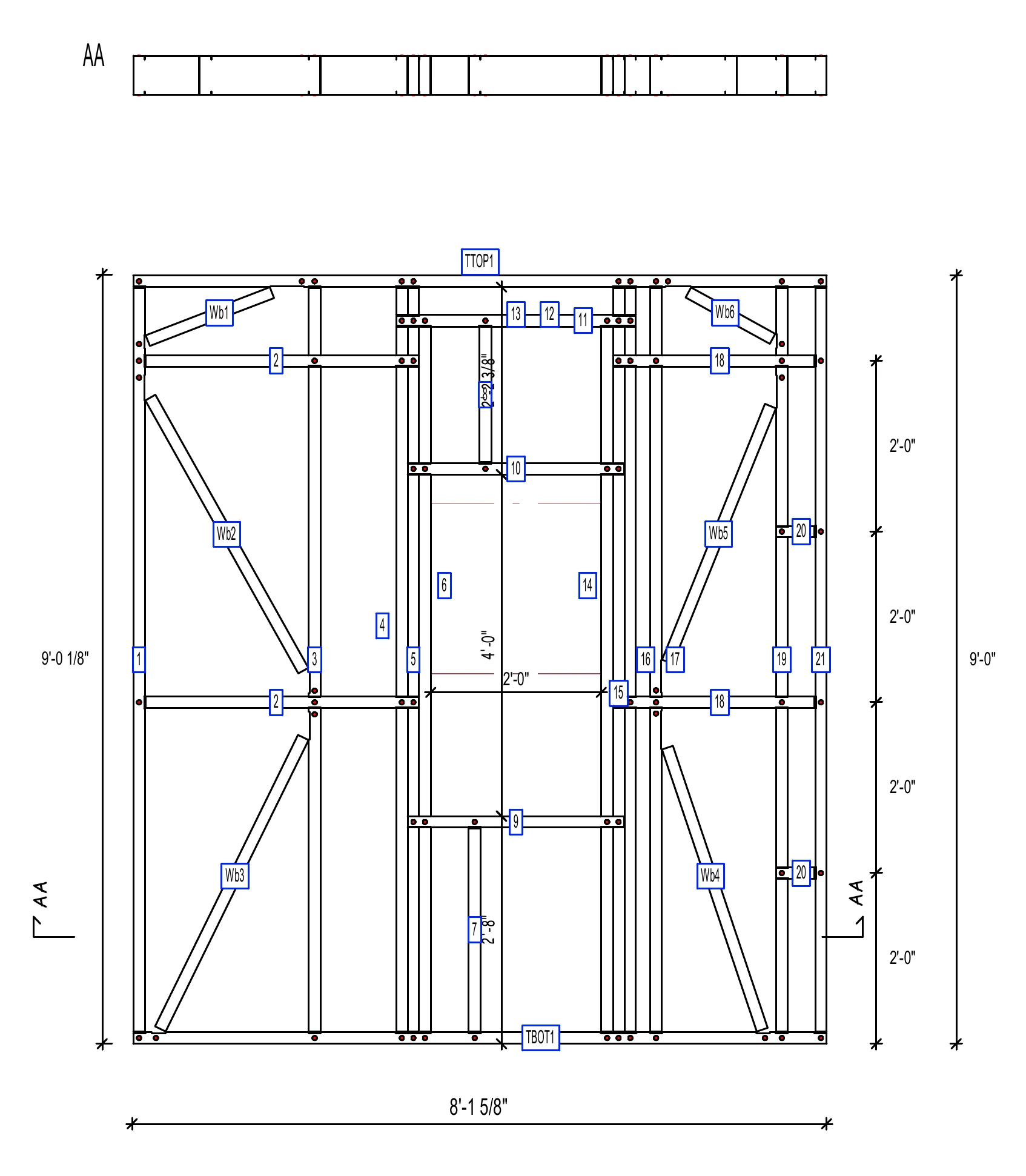 Shop drawing of steel wall panel EXT-101, showing studs, a window opening, and six diagonal braces