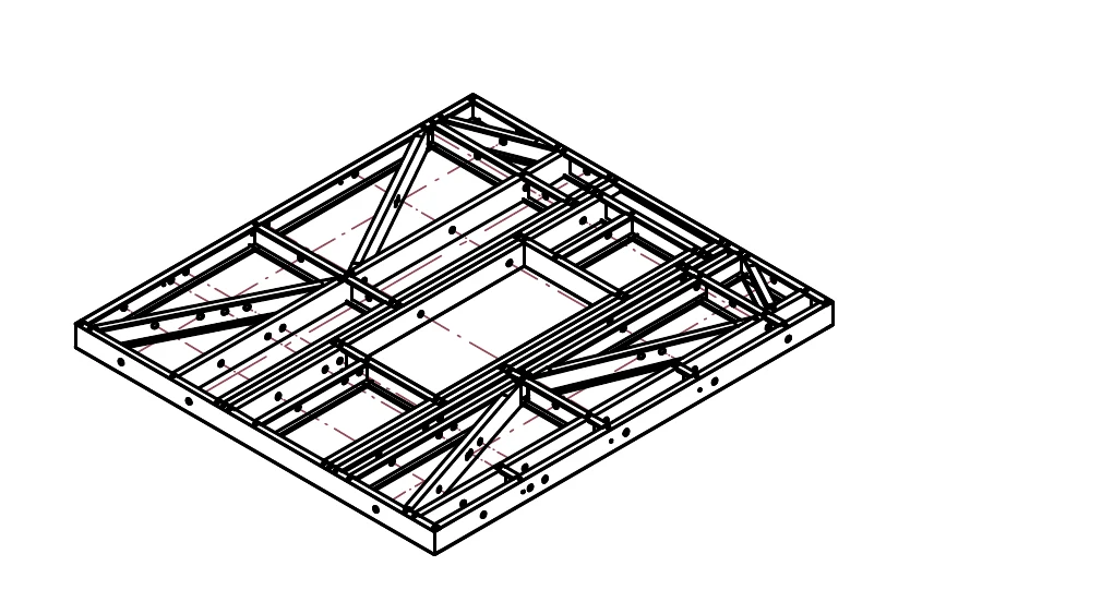 Isometric view of an assembled steel wall panel with diagonal bracing